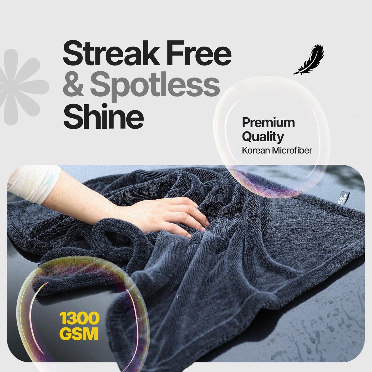 Crystal Clean 1300GSM Car Drying Towel - XL (24X36) Microfiber Towels for Cars with Double Twisted Loop, Professional Detailing Towel for Car Detailers - Quick Dry, Paint Safe & Swirl-Free